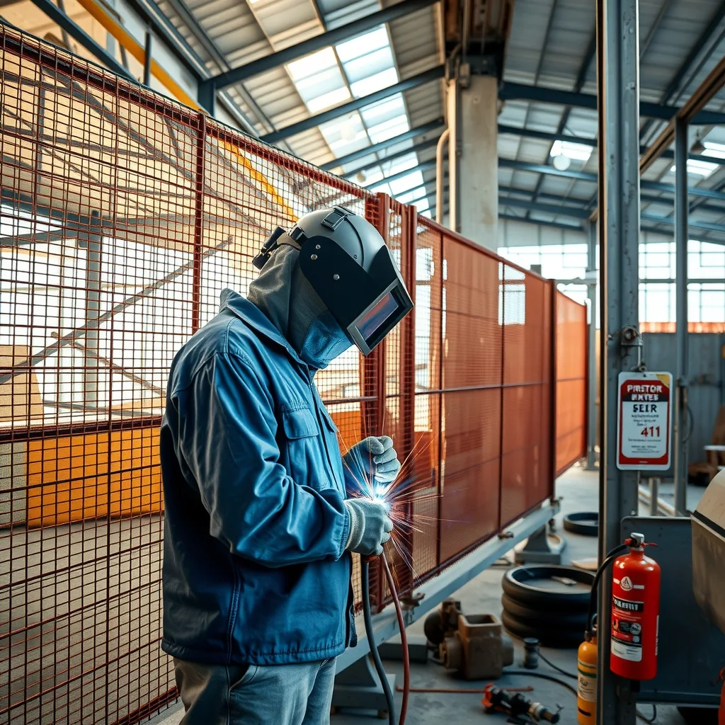 Welder working behind hot work screens on structural steel at a commercial building site