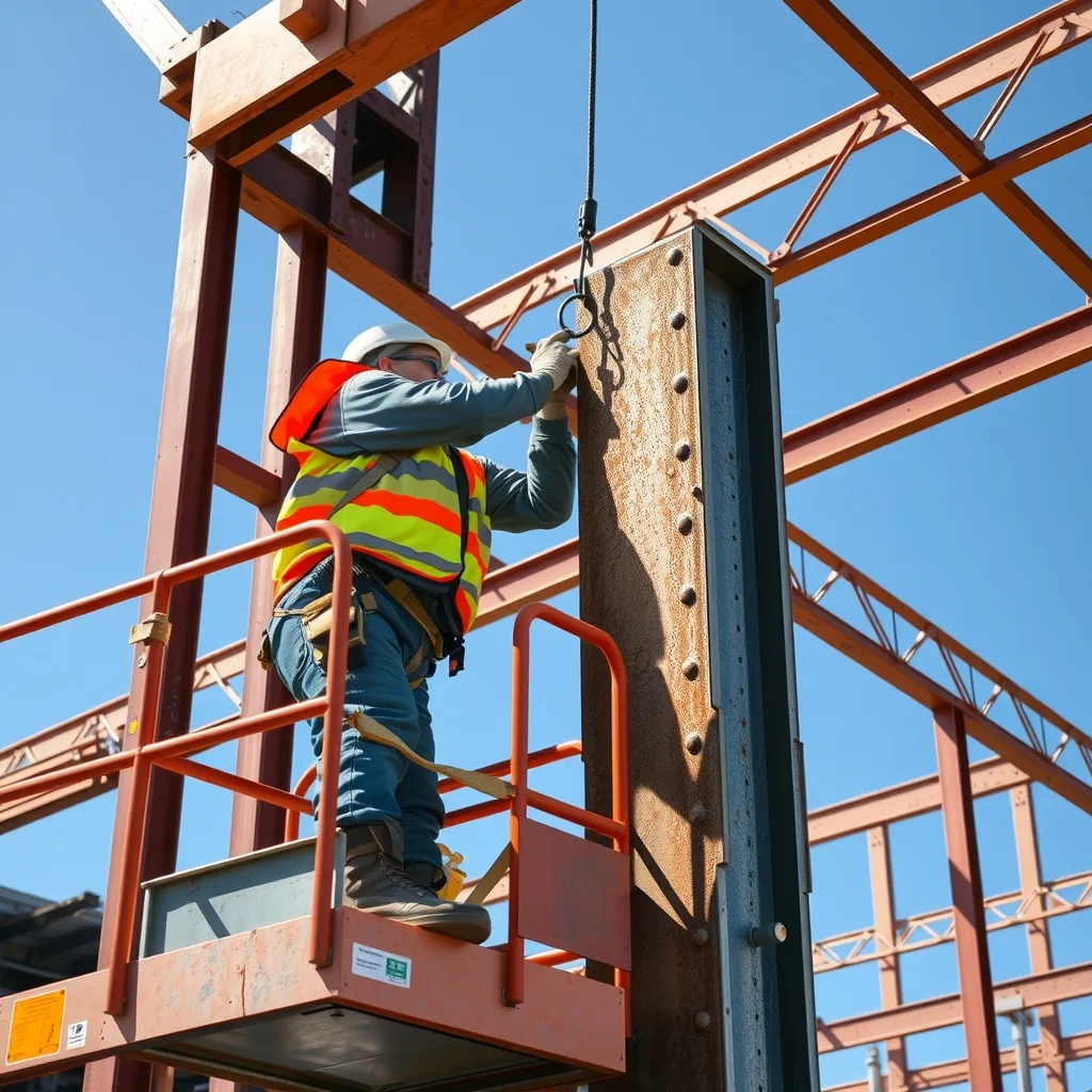 Steel erector on an elevating work platform bolting a bracket to a square hollow section column