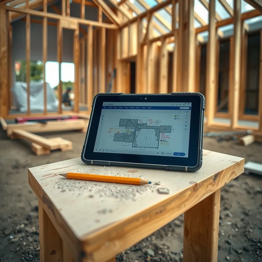 Tablet on a timber bench showing a construction plan with coloured markup annotations