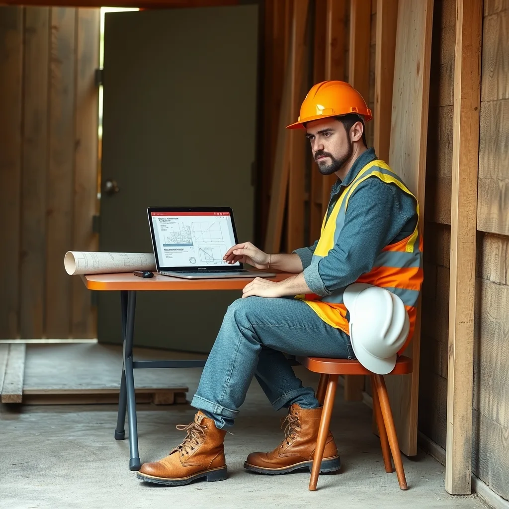 Apprentice in hi-vis reviewing a marked-up construction drawing on a laptop in a site shed
