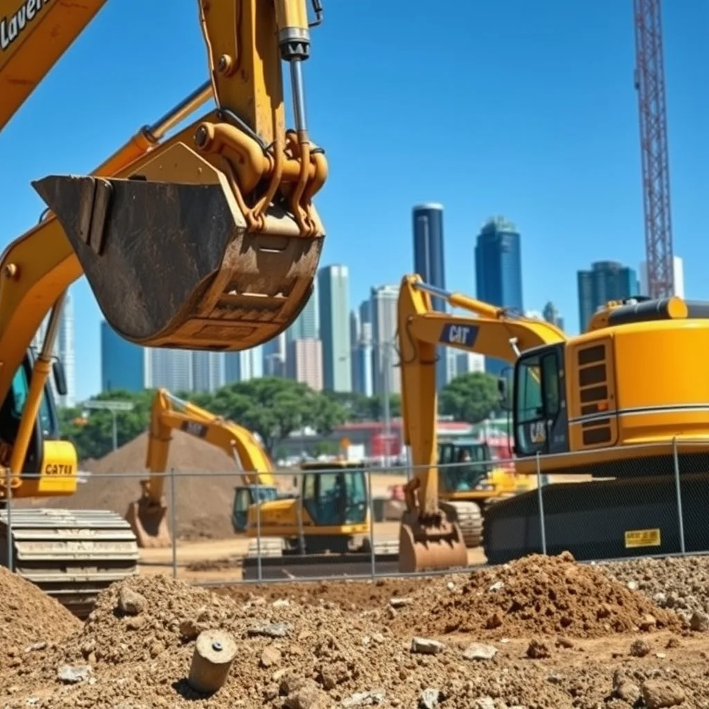Earthmoving machinery and excavators on a large construction site with Brisbane's city skyline in the background.