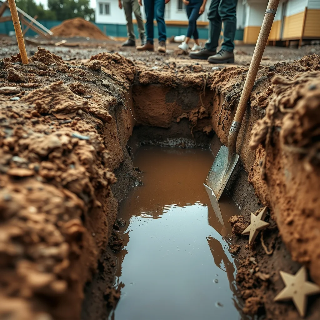 A footing trench on a building site filled with muddy water after heavy rain