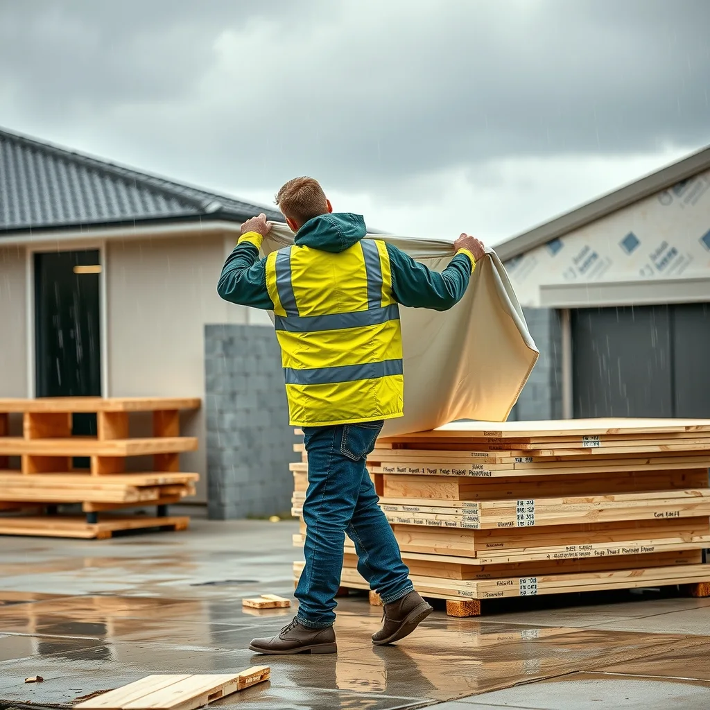 Worker in high-vis covering stacked building materials with a tarp in the rain