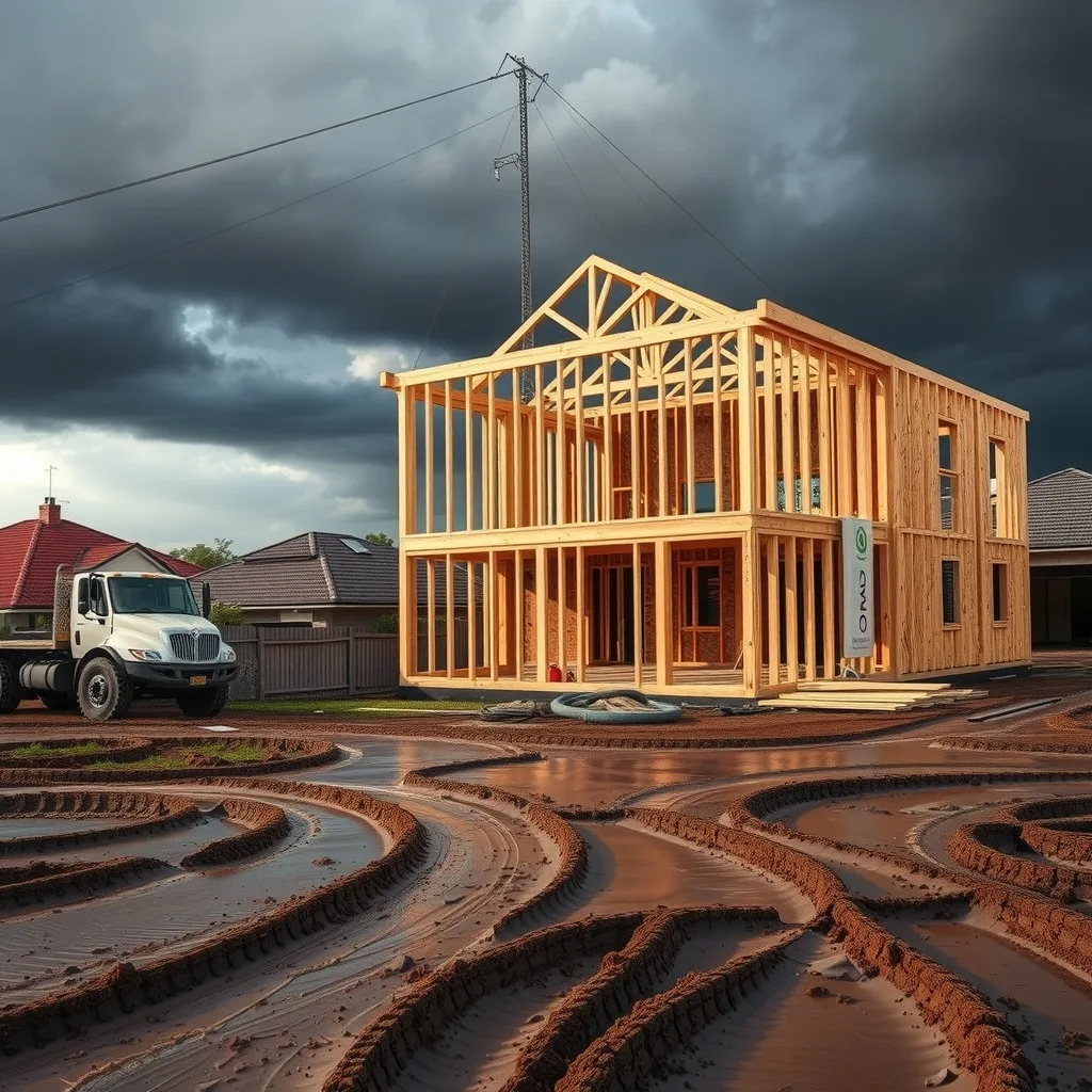 Timber-framed house under construction with a dark storm front approaching over a muddy building site
