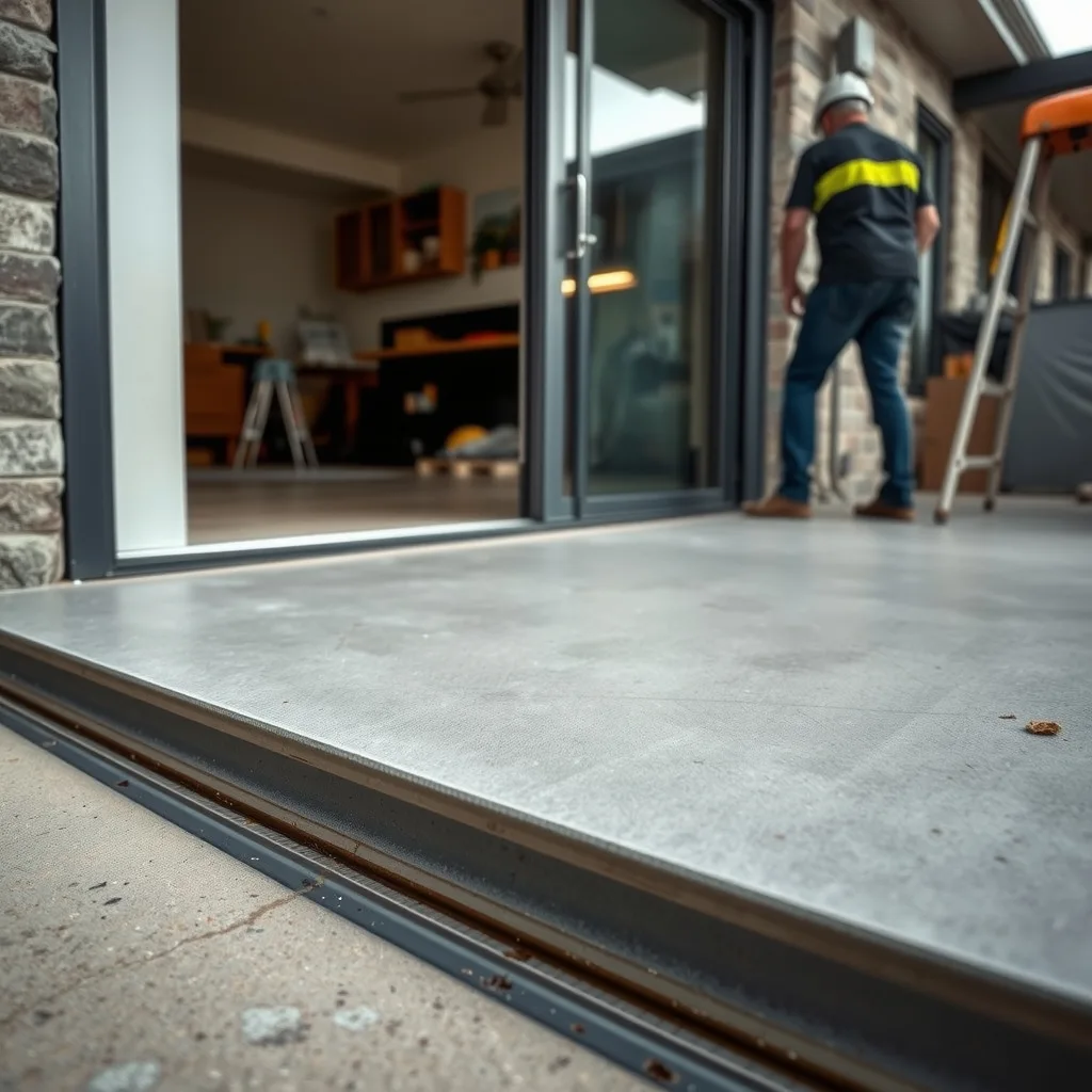Level threshold at a sliding door with a channel drain set into the paving outside