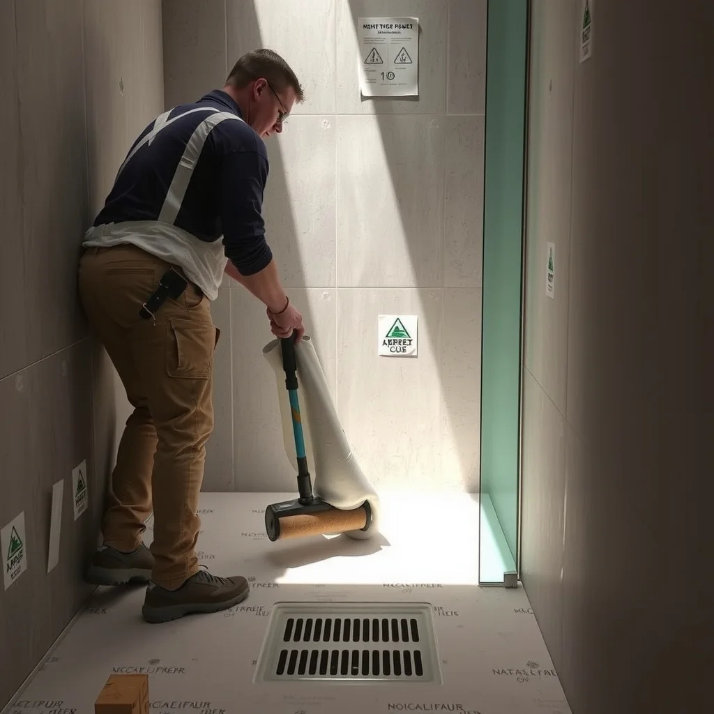Tradesperson applying waterproofing membrane in a hobless shower recess