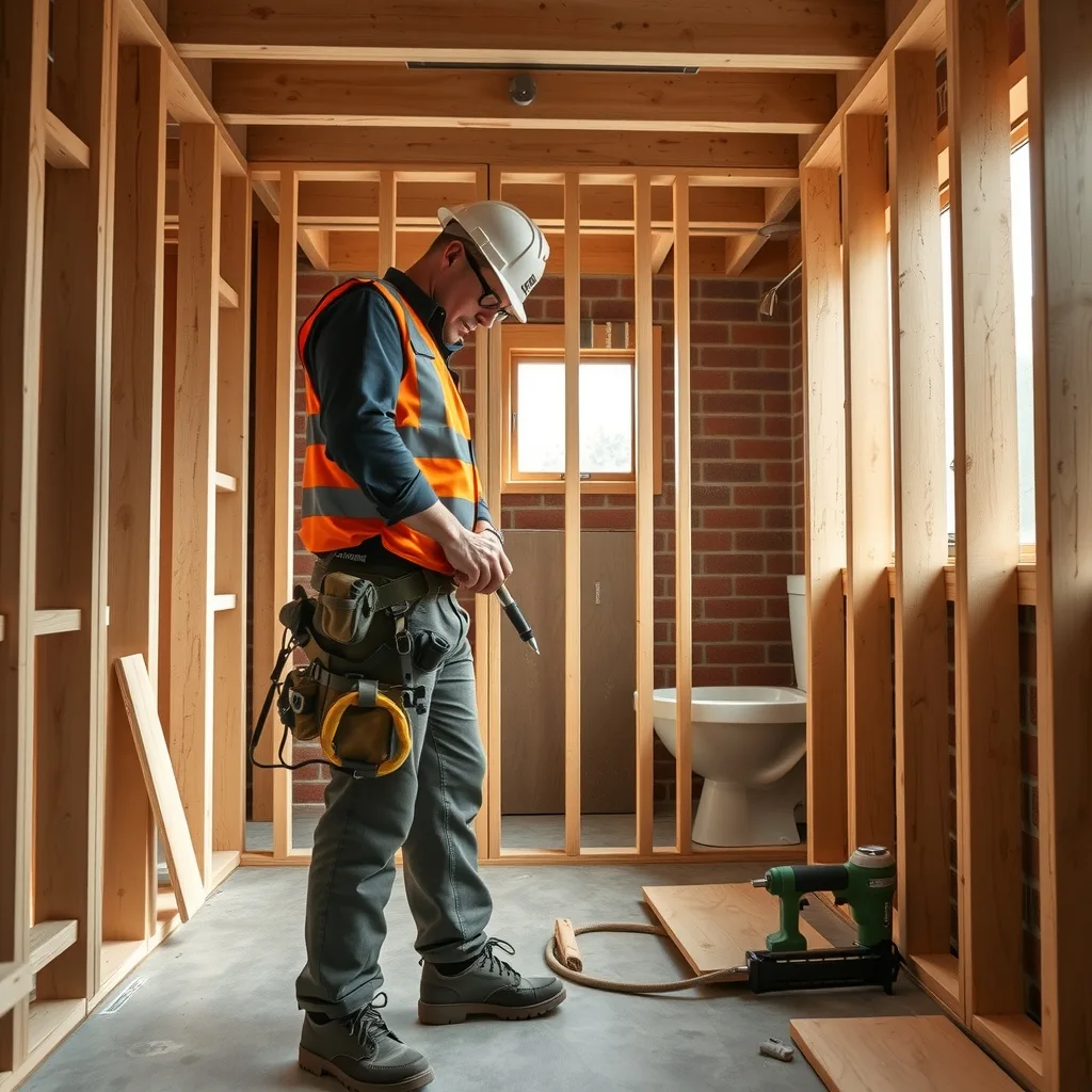 Carpenter fixing timber noggings between wall studs in an unlined bathroom of a house under construction