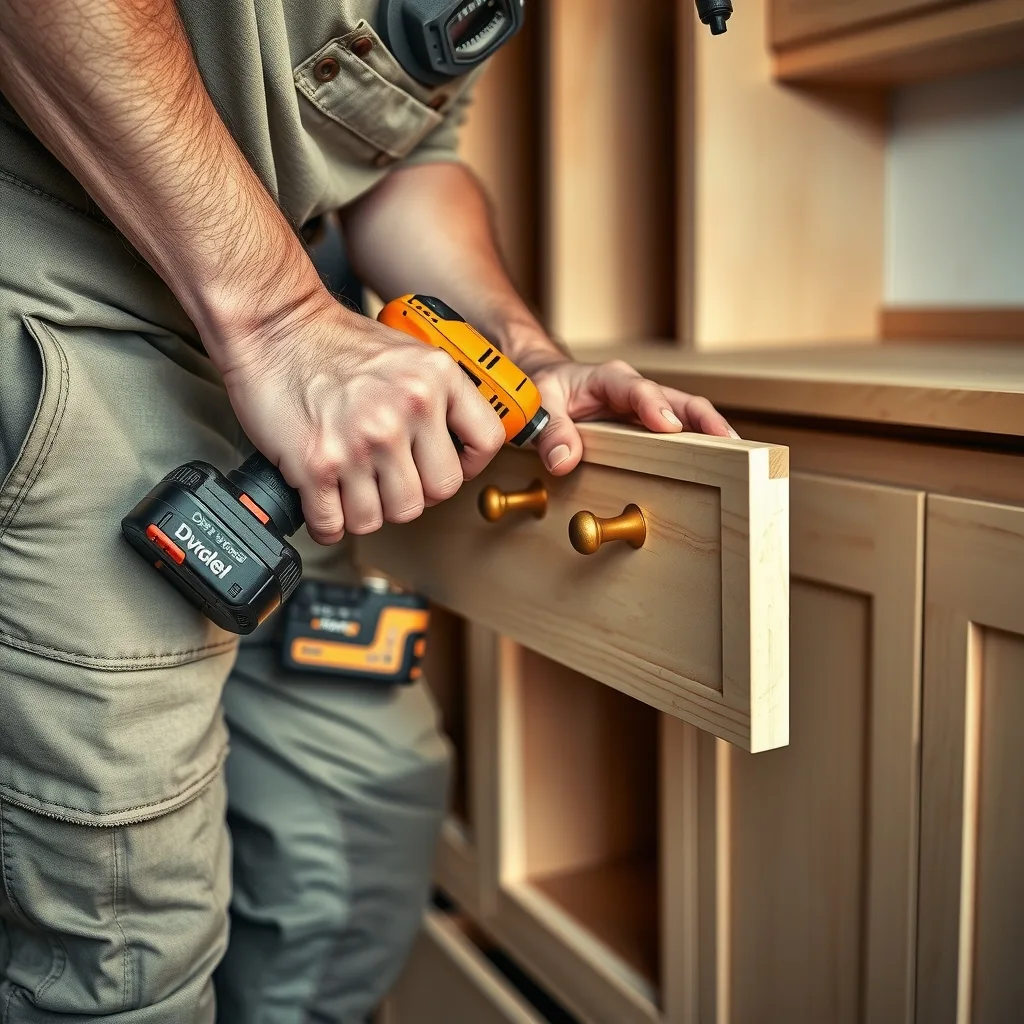 A carpenter fitting brass cabinet pulls to a drawer front with a drill and jig