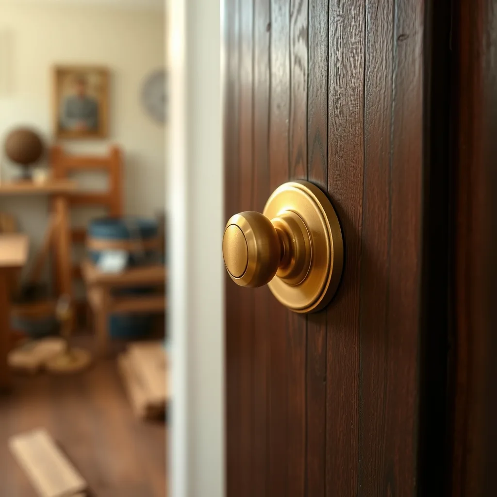 A solid brass lever handle fitted to a dark painted timber door