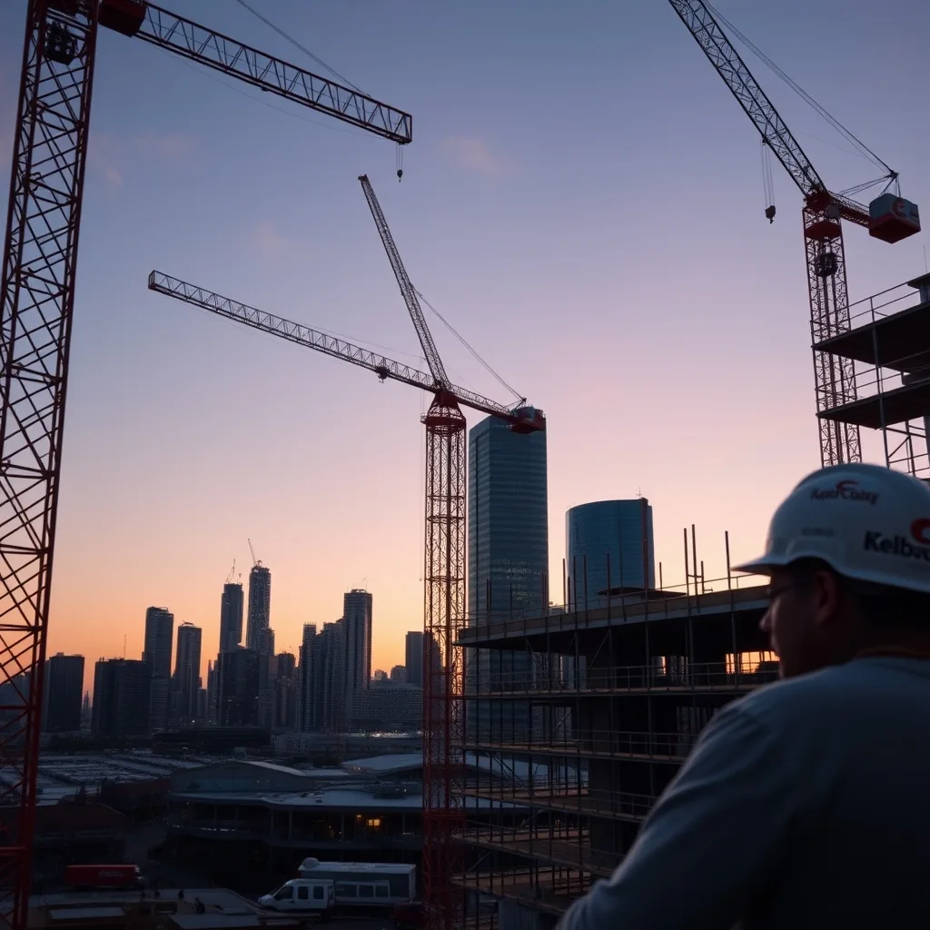 Construction cranes and scaffolding against the Brisbane city skyline at dusk.