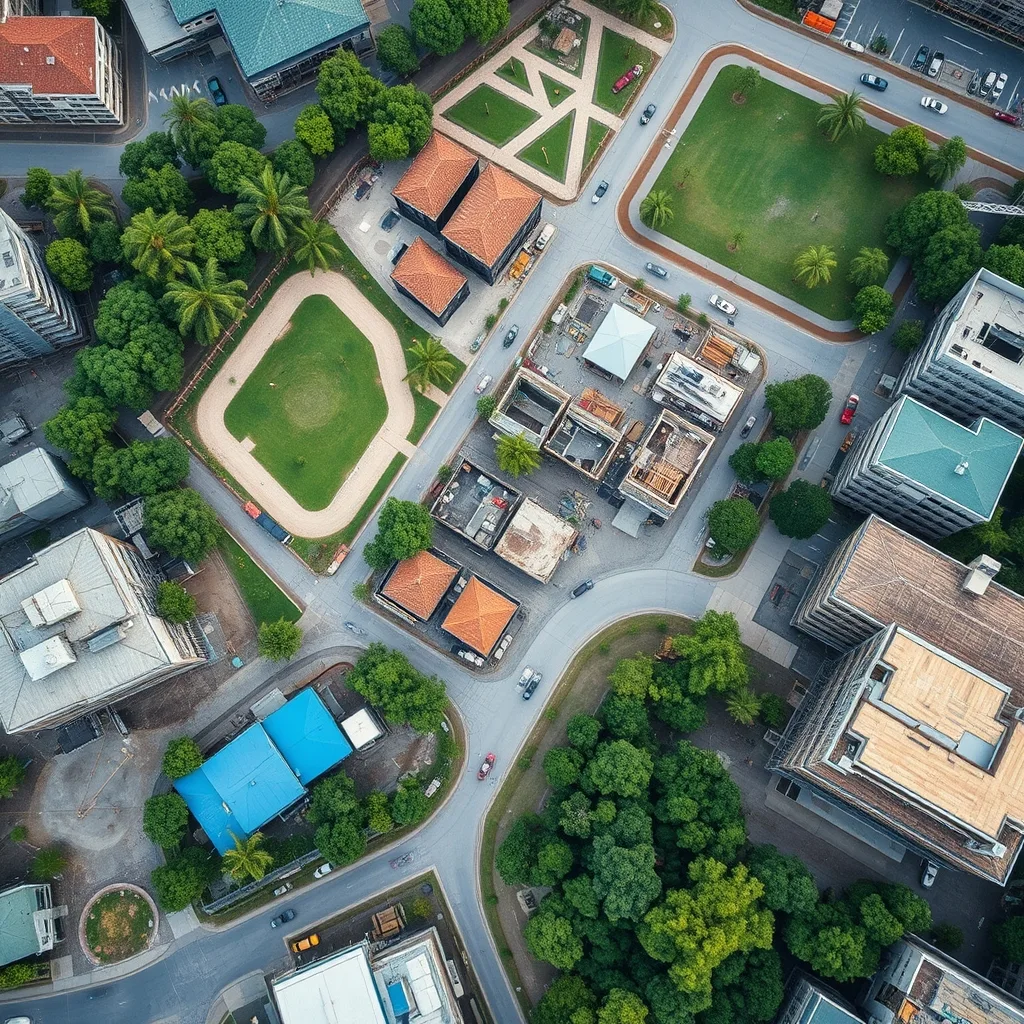 Aerial view of Victoria Park precinct in Brisbane showing planned construction zones and green spaces for the 2032 Olympics.
