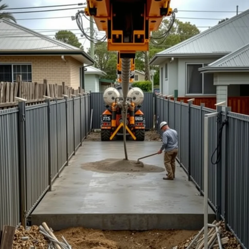 Concreters screeding a slab fed by a concrete pump boom on a narrow residential block