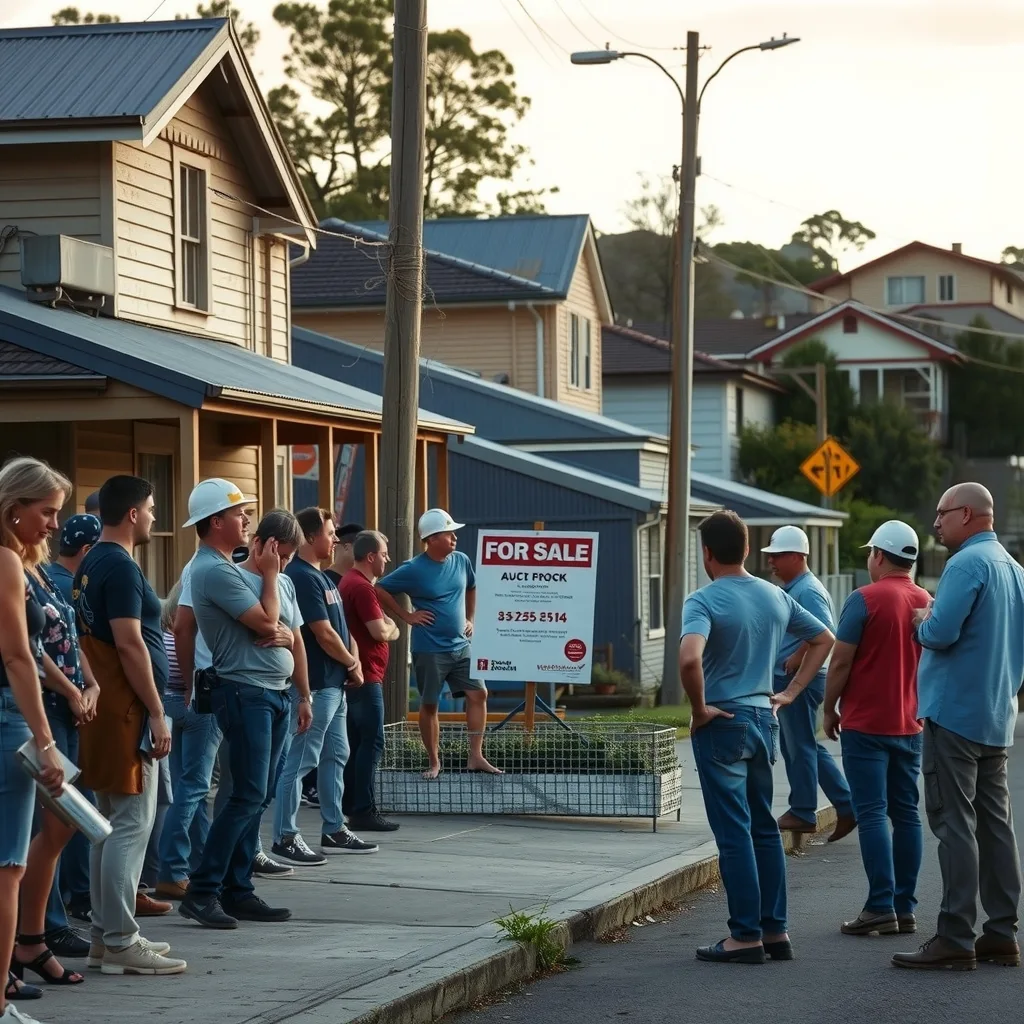 A crowd of bidders on a footpath outside a small vacant inner-city block at auction