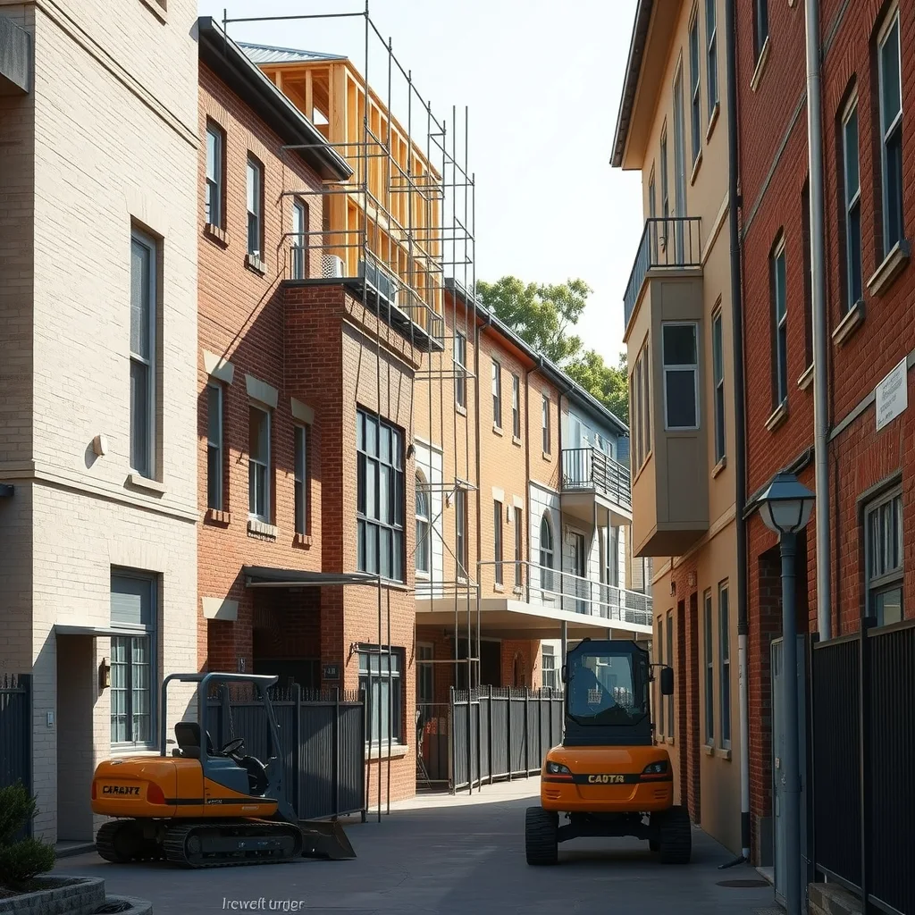 Narrow multi-storey townhouses under construction on small inner-city blocks with scaffolding across the frontages