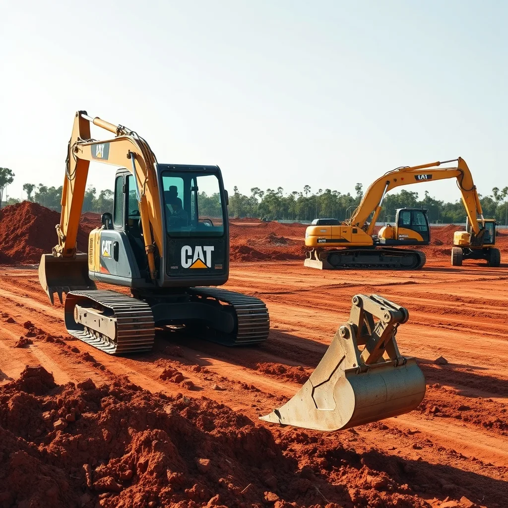 Excavators and earthmoving equipment on a cleared construction site with exposed red soil.