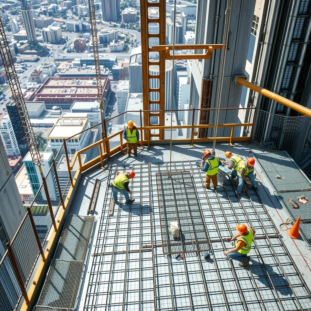 Workers tying reinforcement on a high-rise concrete slab behind edge protection