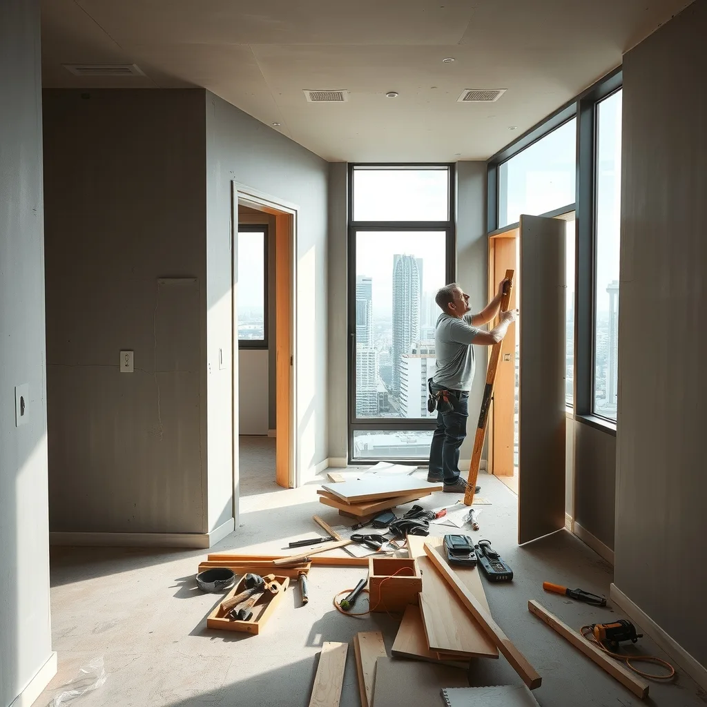 A carpenter fitting a door frame during apartment fitout in a high-rise unit