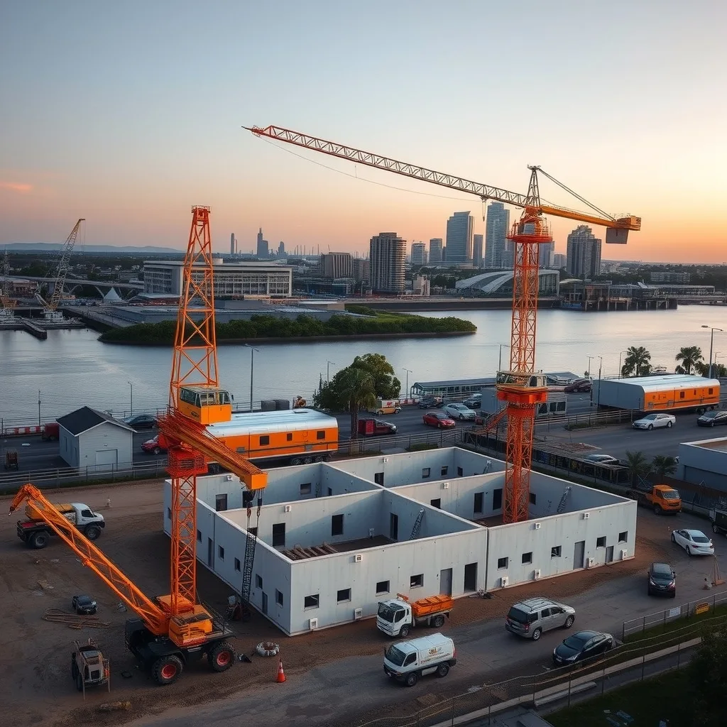 Tower cranes over a cleared riverfront construction site at dusk with a city skyline behind