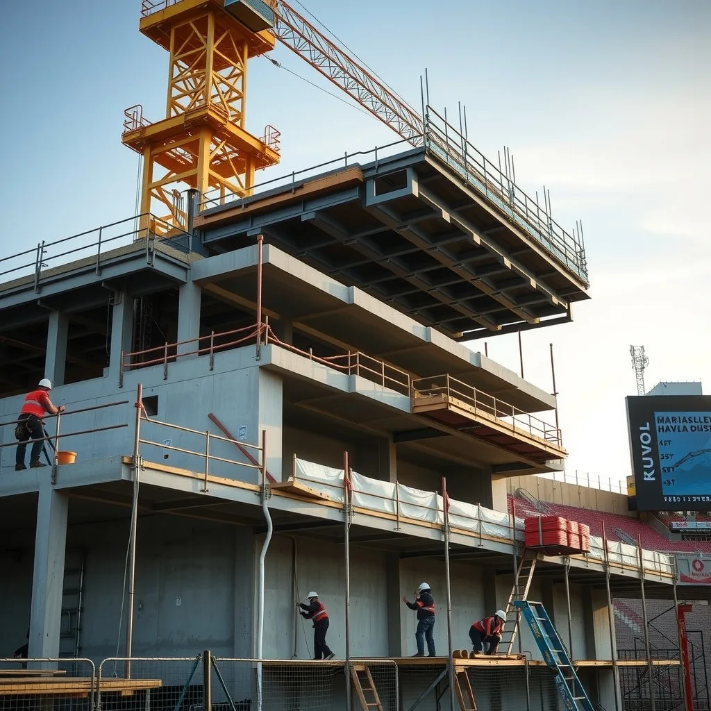 Workers building tiered concrete grandstand seating with a tower crane above