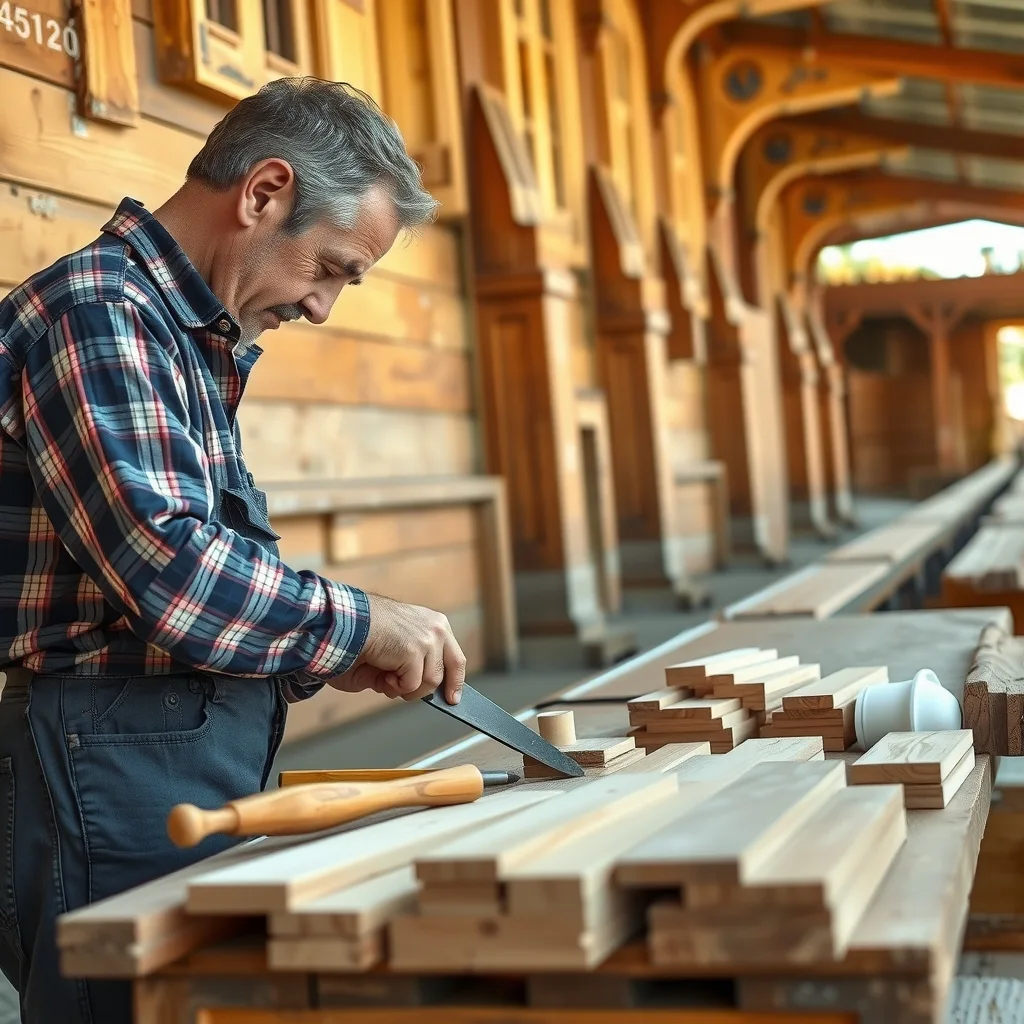Carpenter repairing timber detail on a heritage grandstand