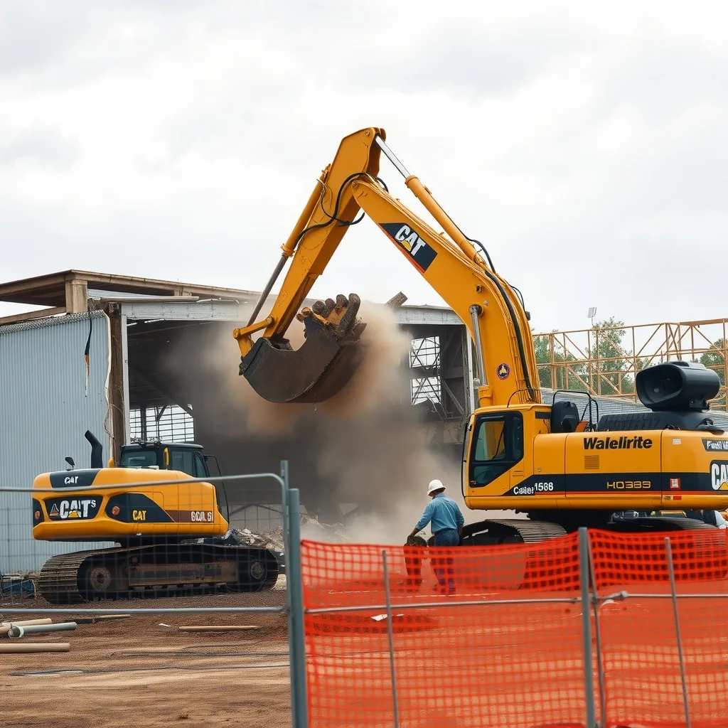 Excavator demolishing an old showground exhibition building behind temporary site hoarding