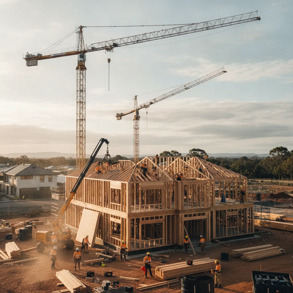 A large residential construction site in Australia with multiple cranes and workers in hi-vis on the framework of a multi-storey apartment building.