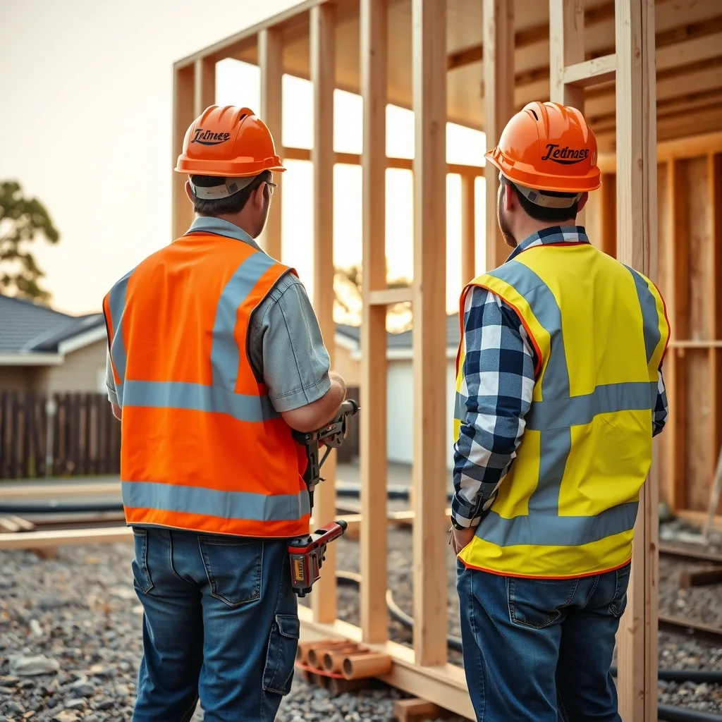 Two carpenters in hi-vis standing a timber wall frame on a residential concrete slab.