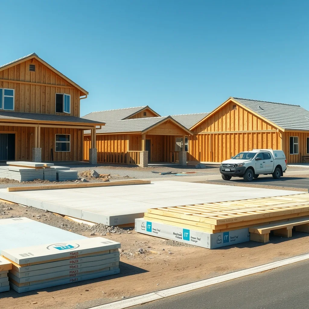 Timber-framed houses and a bare concrete slab on a new Australian suburban housing estate.