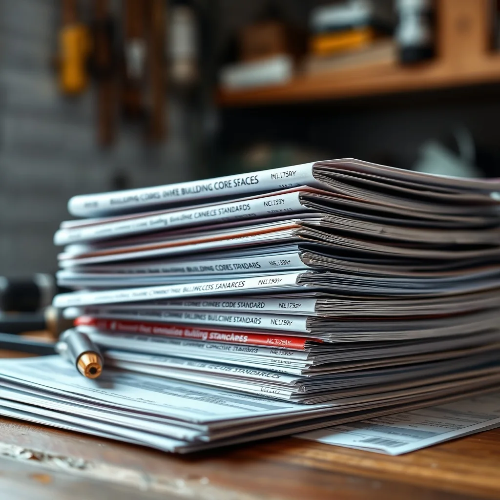 A thick stack of building codes and construction standards documents on a work desk.