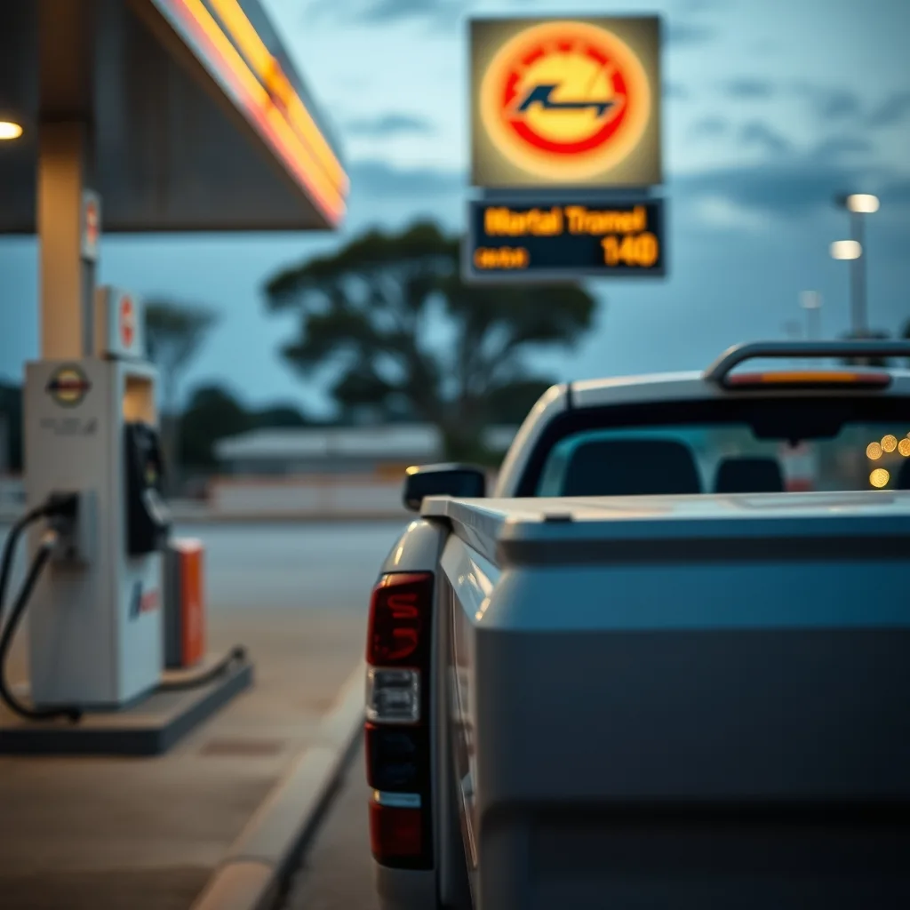 A ute parked at a fuel pump at an Australian service station at dusk.
