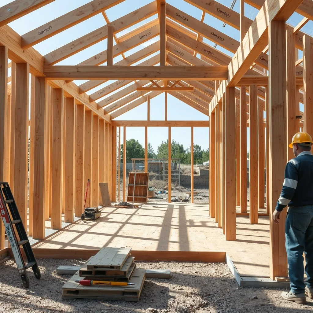 Timber-framed house skeletons at various stages of construction on an Australian building site.