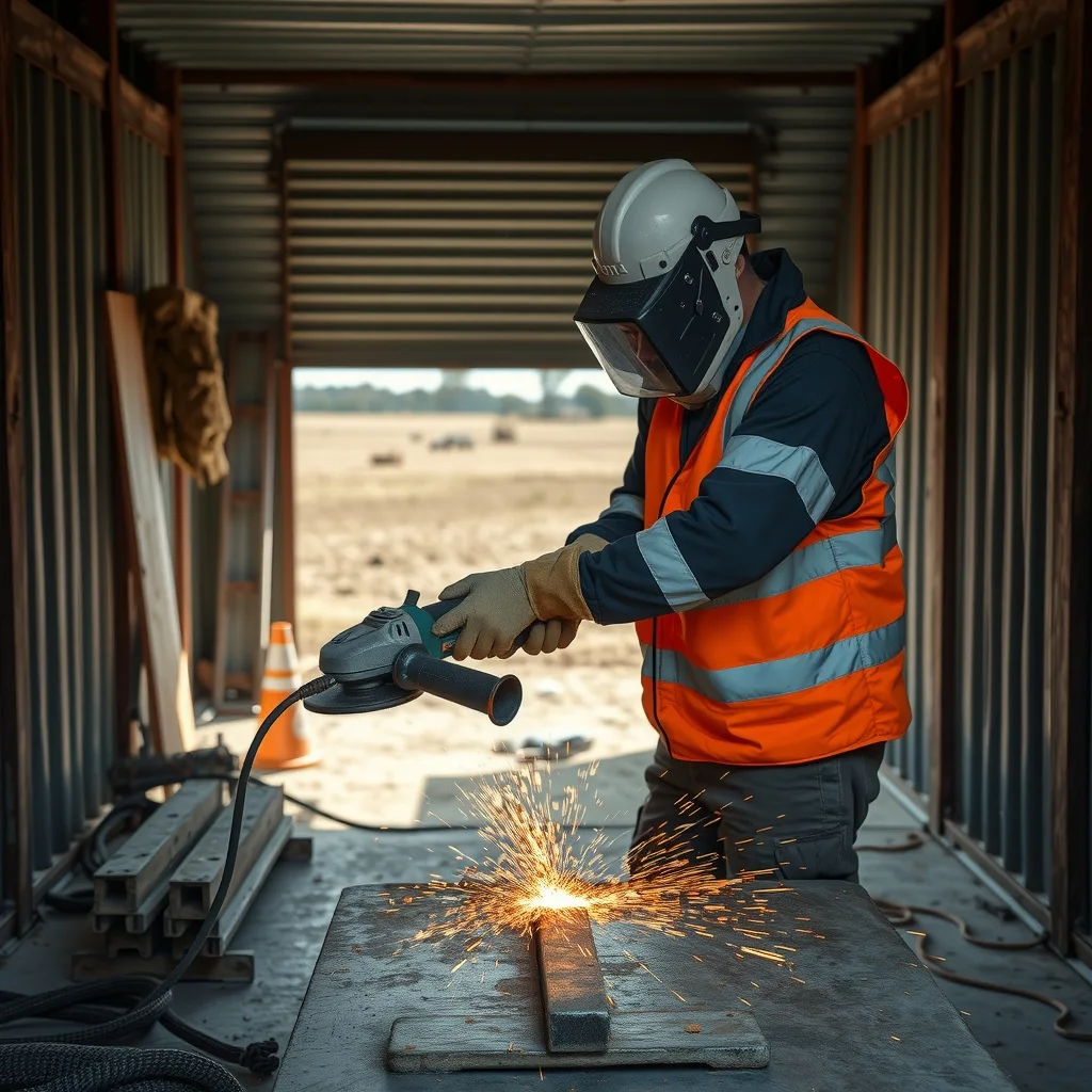 Worker in high-vis using an angle grinder on steel inside a rural shed with dry paddock visible outside