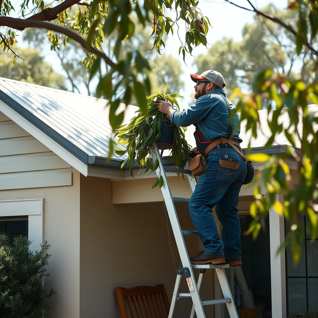 Worker on a ladder clearing leaves from the gutter of an Australian house with gum trees nearby