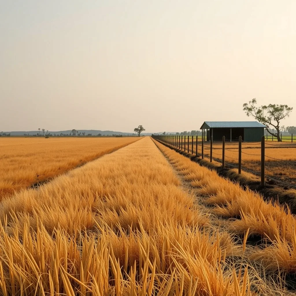 Dry golden grassland on an inland Australian property with a graded firebreak beside a fence line