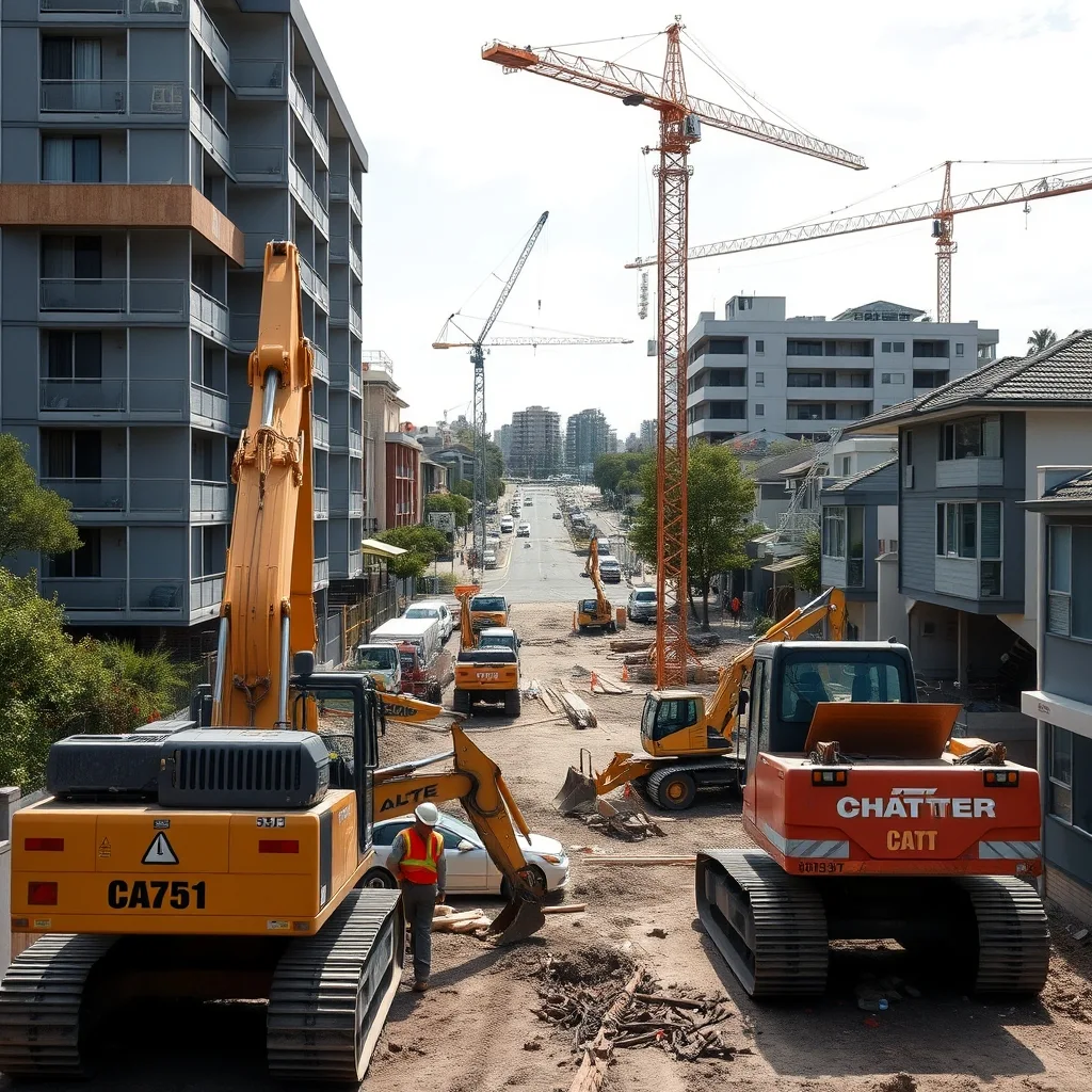 Construction site with excavators and cranes at a suburban Sydney hospital redevelopment surrounded by residential streets.