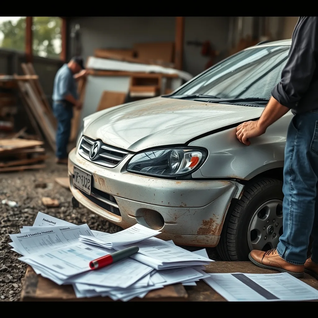 A damaged car in an insurance assessor's yard with repair estimates visible nearby.