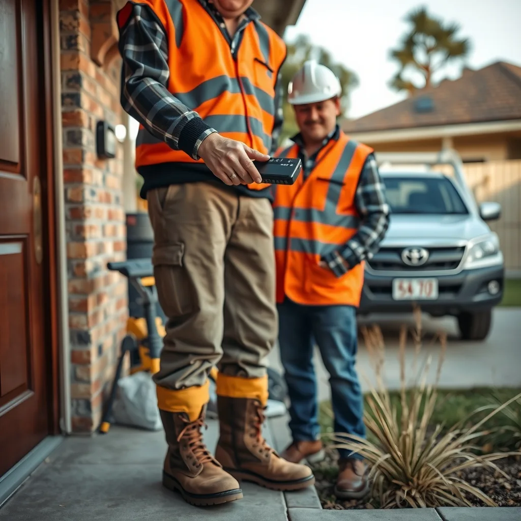 A tradesperson in hi-vis holds out a portable card reader for a customer to tap at a front door
