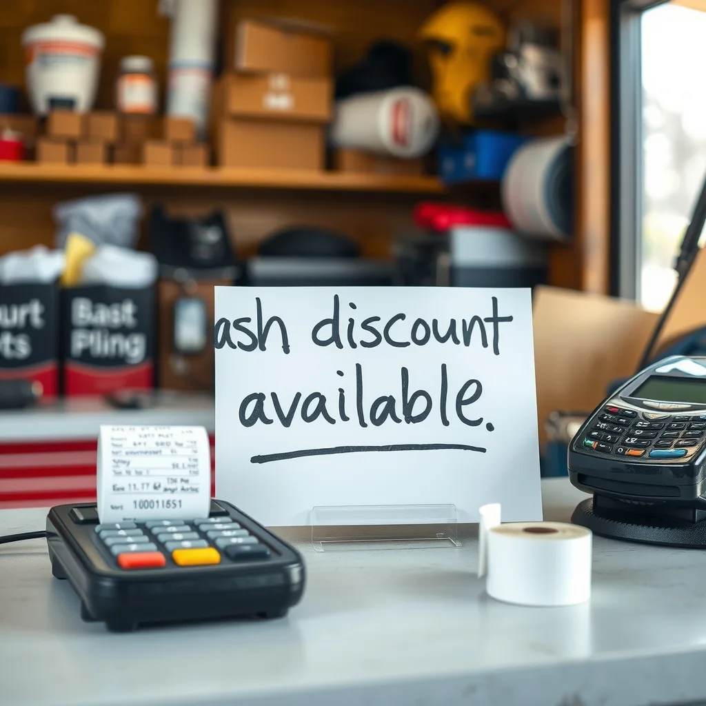 A handwritten cash discount sign next to a payment terminal on a workshop counter