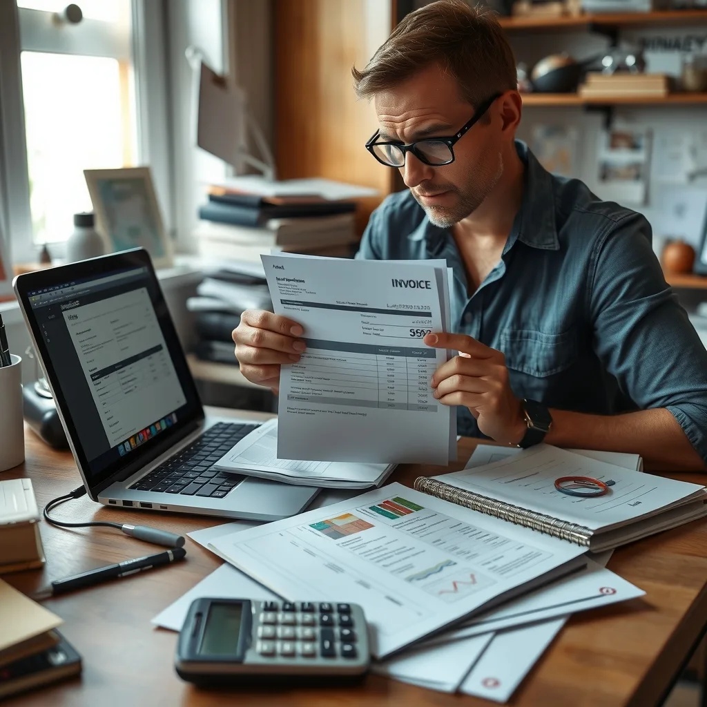 A small business owner reviewing invoices and quoting software at a home office desk