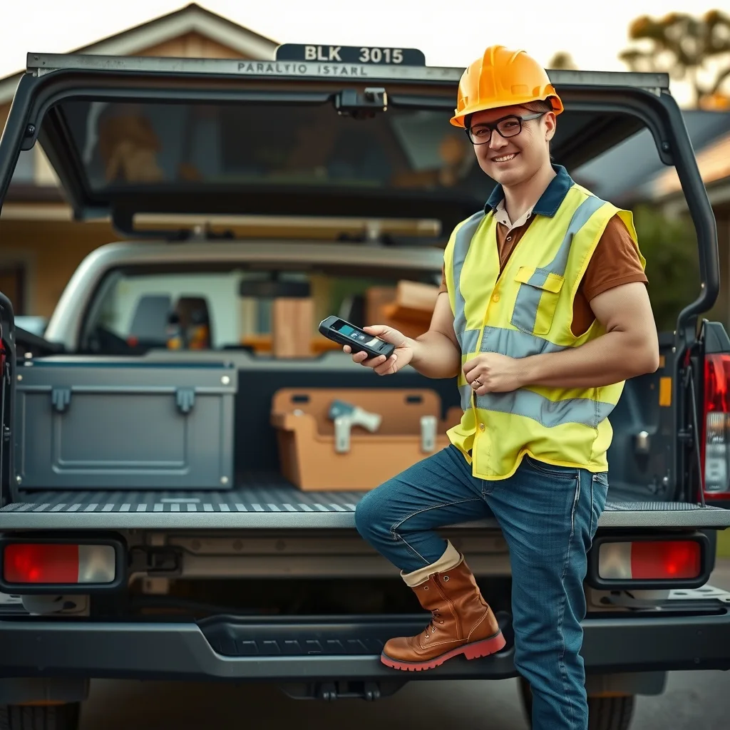 A tradie in hi-vis holds a portable card payment terminal out to a customer beside a work ute