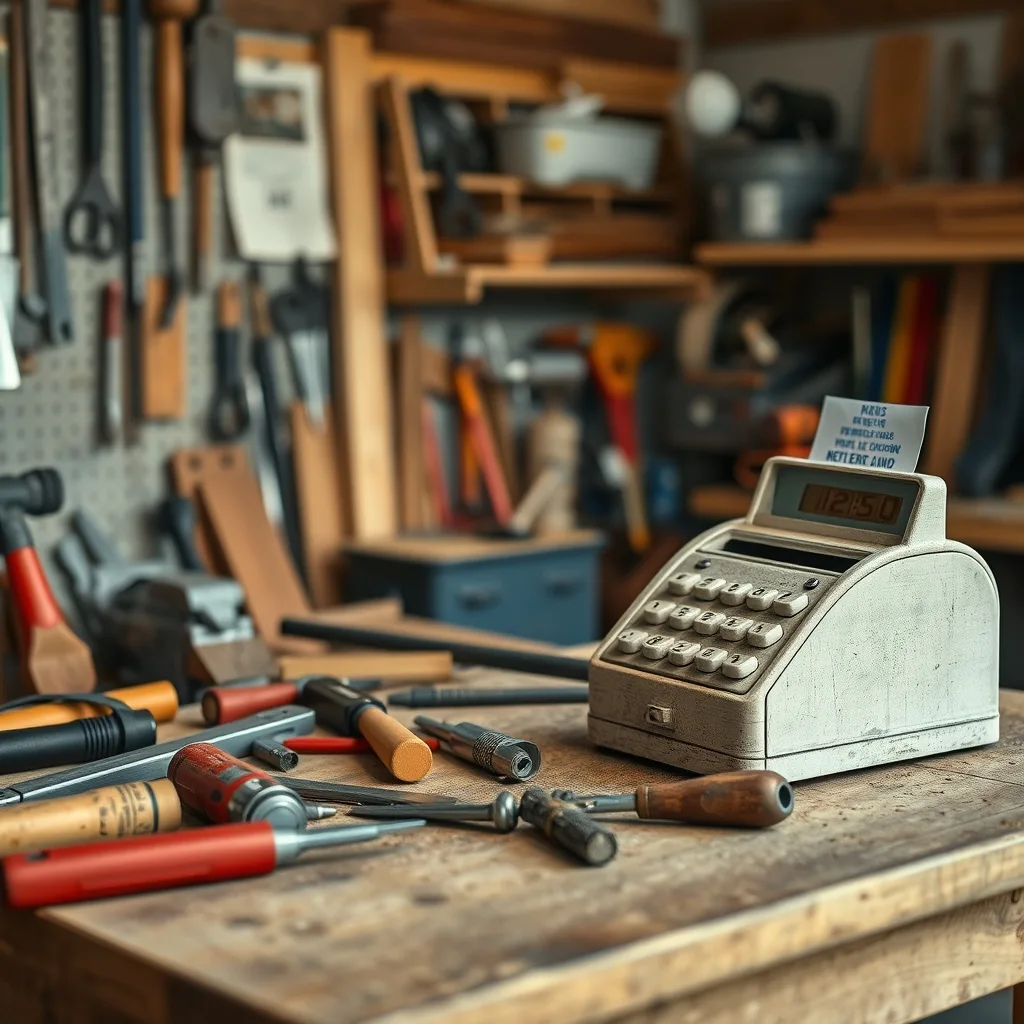A small carpentry workshop with tools on a wooden workbench and an empty cash register drawer.