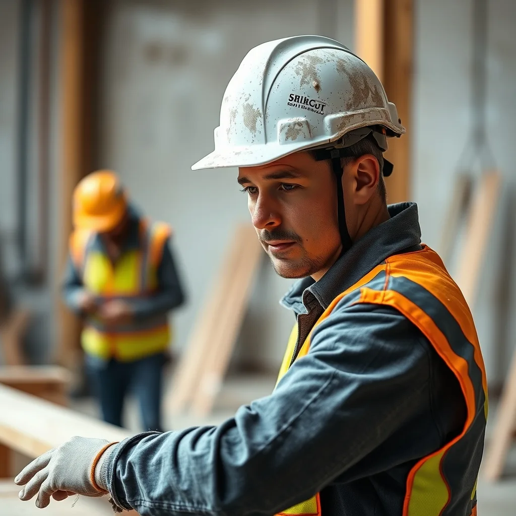 A construction worker in hi-vis and dust mask works on a building site, handling materials that may contain silica.