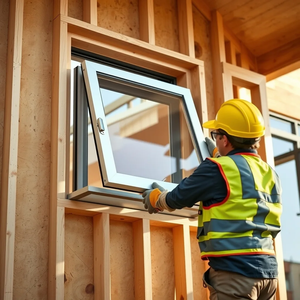 Worker fitting an aluminium window into a timber-framed wall opening