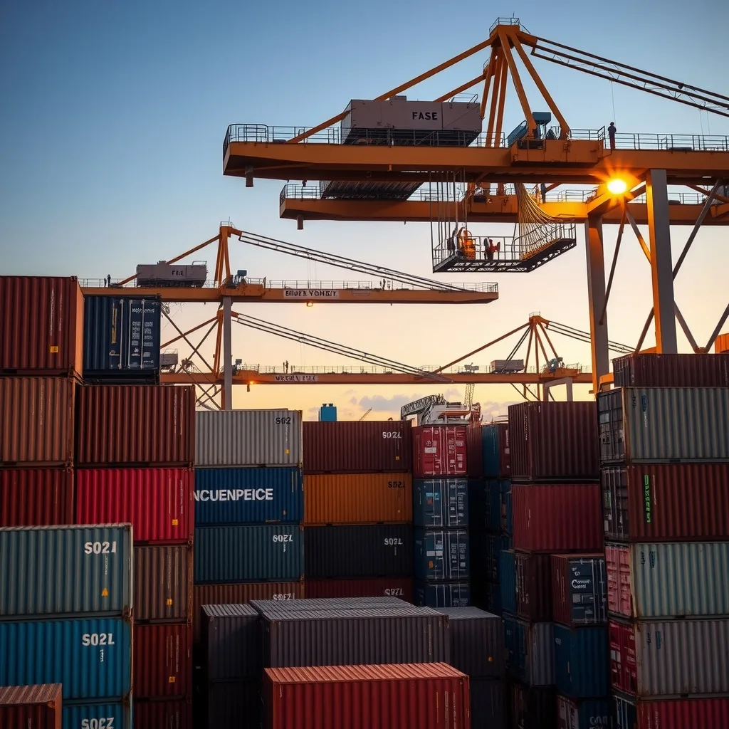 Shipping containers stacked at an Australian port terminal at dusk