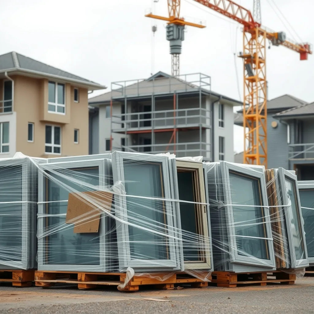 Stacked aluminium window frames on pallets at an Australian apartment construction site