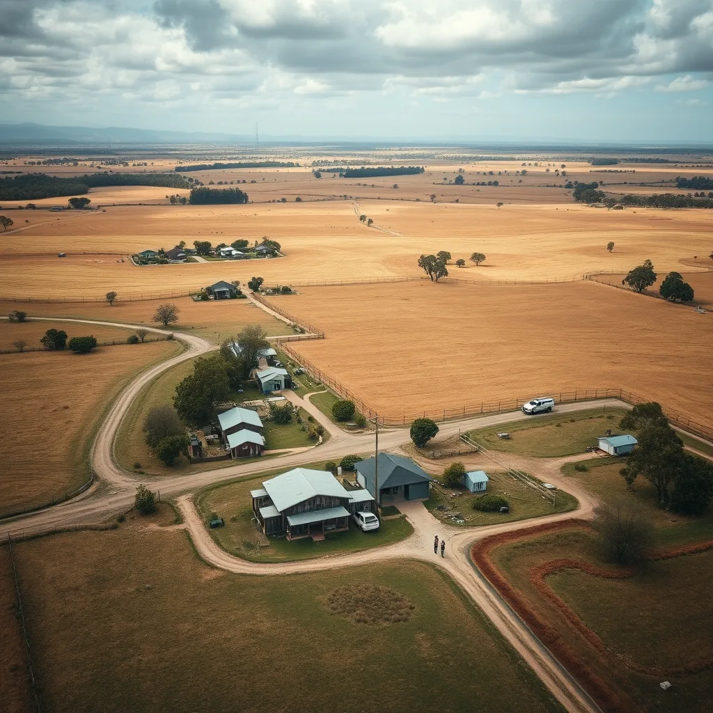 An aerial view of a small rural hamlet surrounded by open paddocks and scattered houses in regional Victoria.