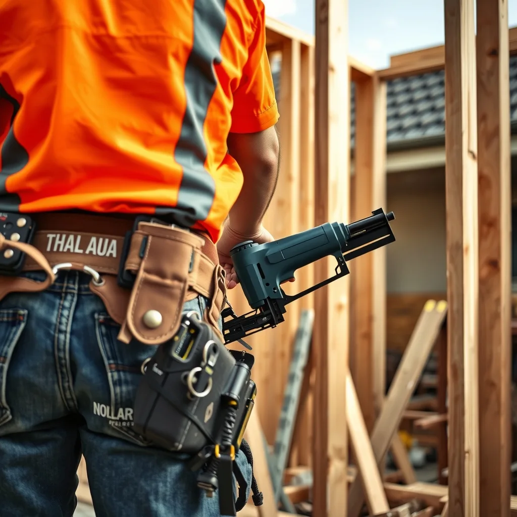 A carpenter working on timber wall framing at a residential building site