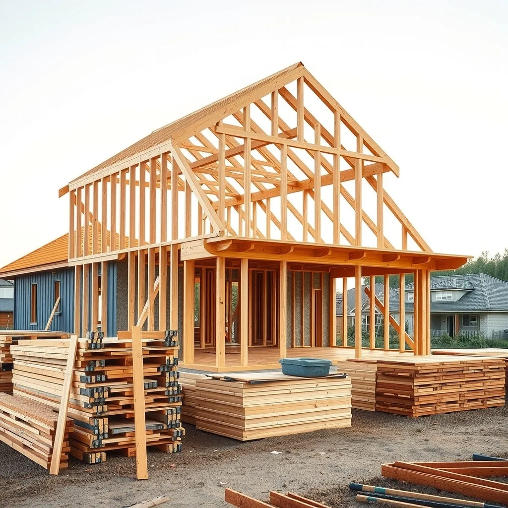 Timber wall frames and roof trusses on a half-built house in a new Australian housing estate