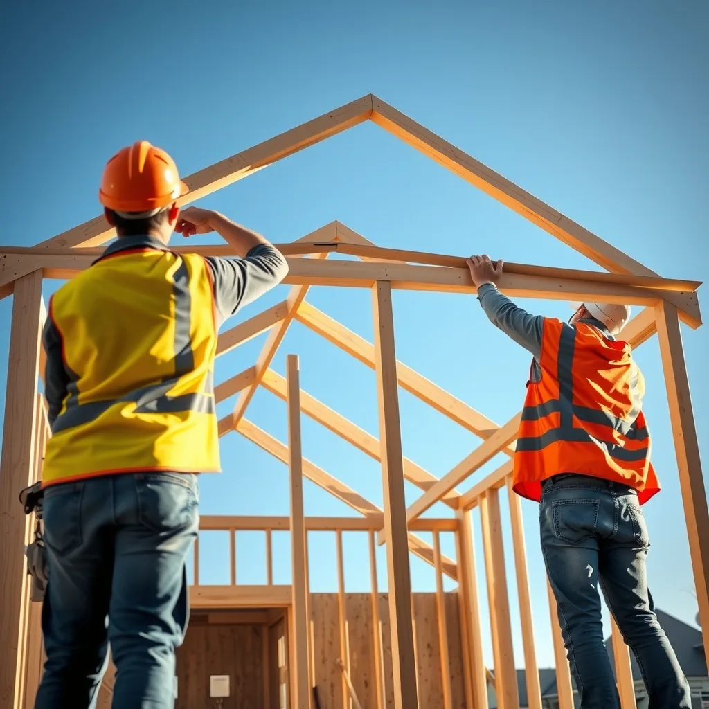 Carpenters lifting a roof truss onto a house frame on an Australian residential build.
