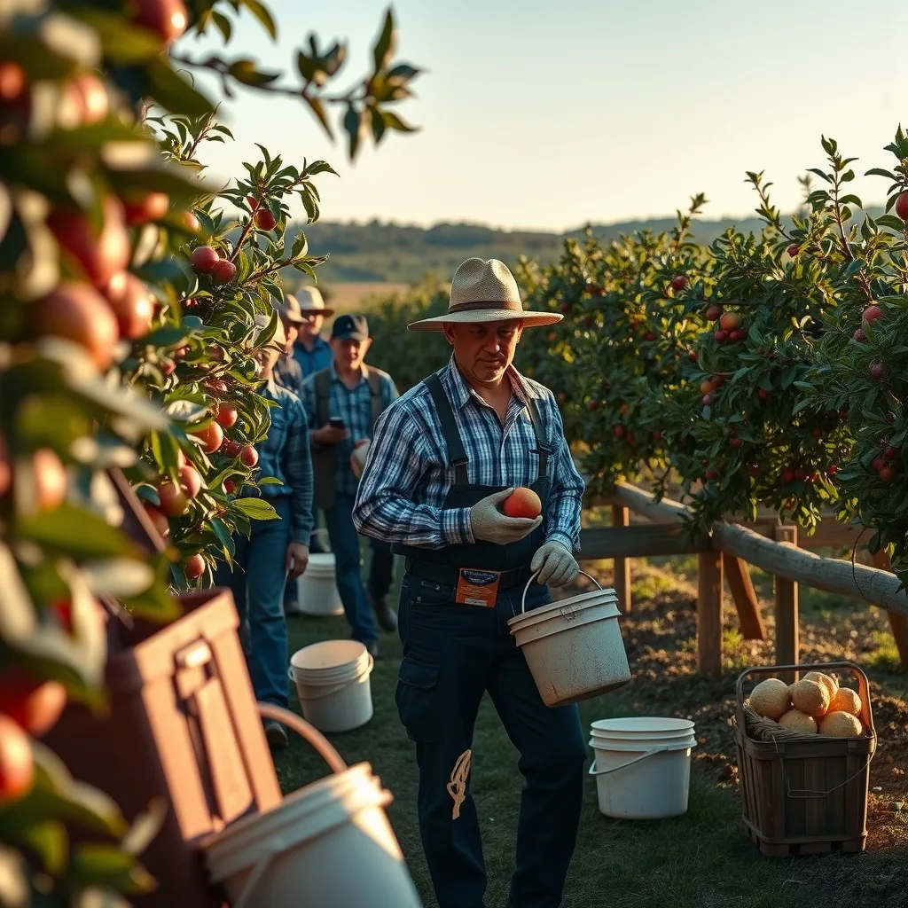 Seasonal workers picking fruit in an Australian orchard.